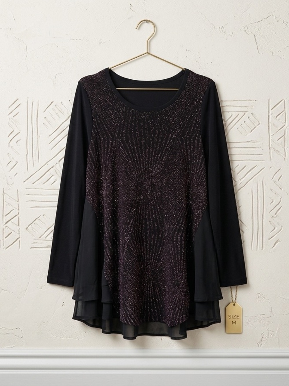 Red Coral Black Long-Sleeve Sparkle Layered Tunic